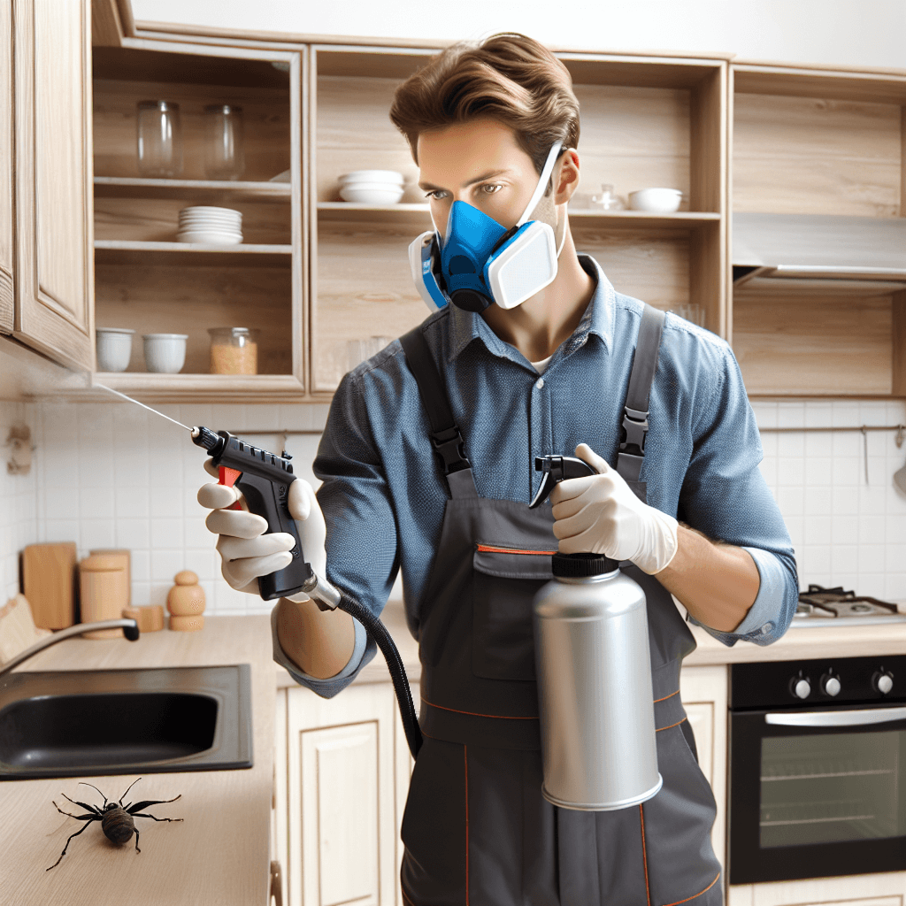 מדביר מקצועי בפעולה משתמש בתרסיס להגנה על מטבח ביתי.