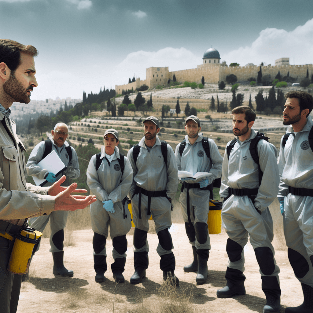 תמונת ראש העיר ירושלים מתדרך צוות מדבירים מקומי בשטח פתוח.